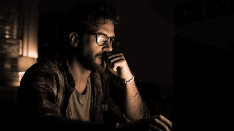 Man blogging at night in a moody room, focused on his laptop screen
